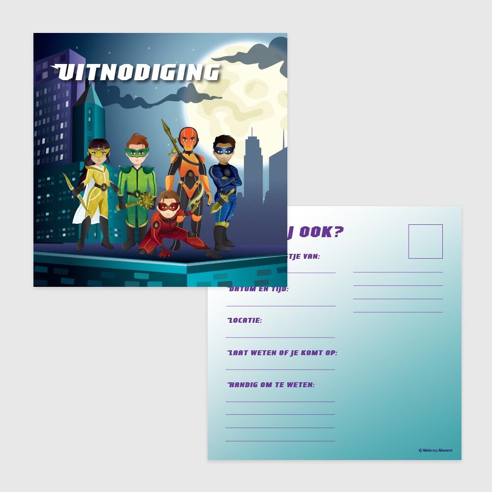 Superhelden uitnodiging voor en achterkant design